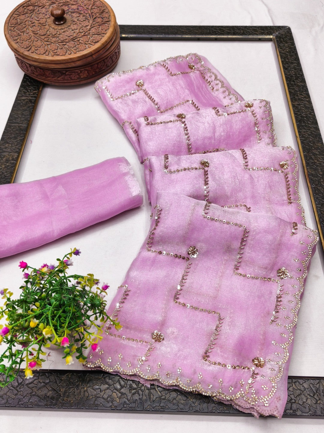 Graceful Pink Sequins With Detailed Beads & Stone Work Organza Satin Silk Saree - Image 3