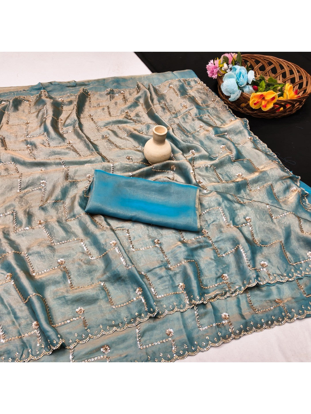 Graceful Turquoise Sequins With Detailed Beads & Stone Work Organza Satin Silk Saree - Image 3