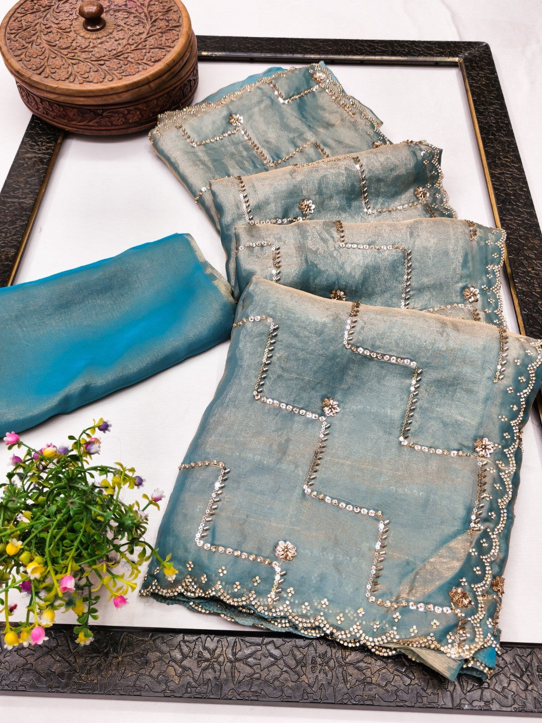 Graceful Turquoise Sequins With Detailed Beads & Stone Work Organza Satin Silk Saree - Image 2