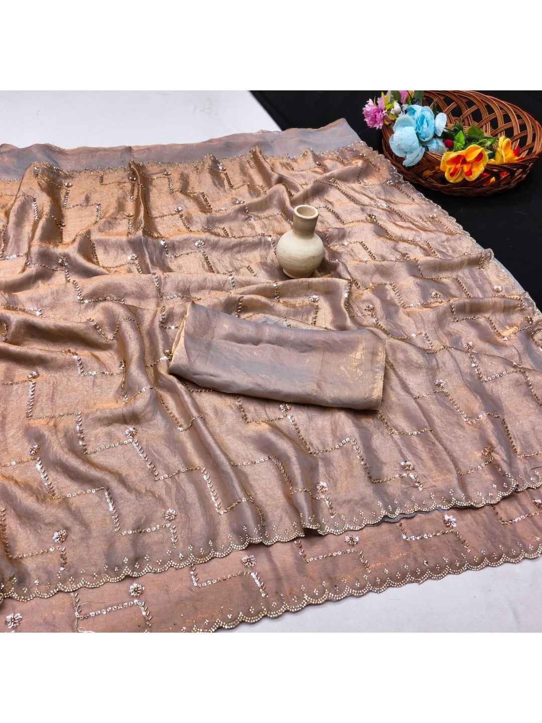 Graceful Chikoo Sequins With Detailed Beads & Stone Work Organza Satin Silk Saree - Image 3