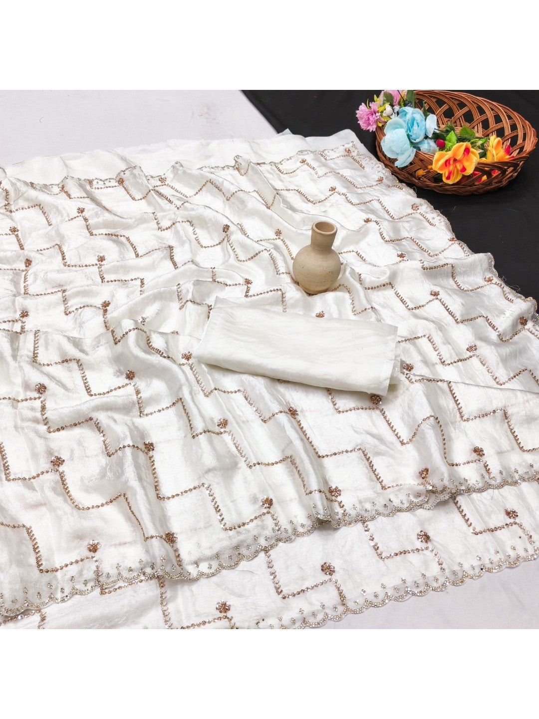 Graceful Offwhite Sequins With Detailed Beads & Stone Work Organza Satin Silk Saree - Image 3