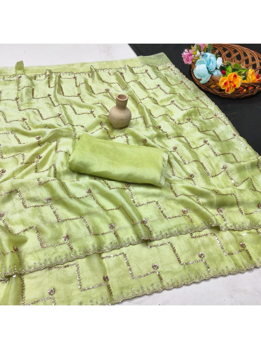 Graceful Green Sequins With Detailed Beads & Stone Work Organza Satin Silk Saree - Image 2