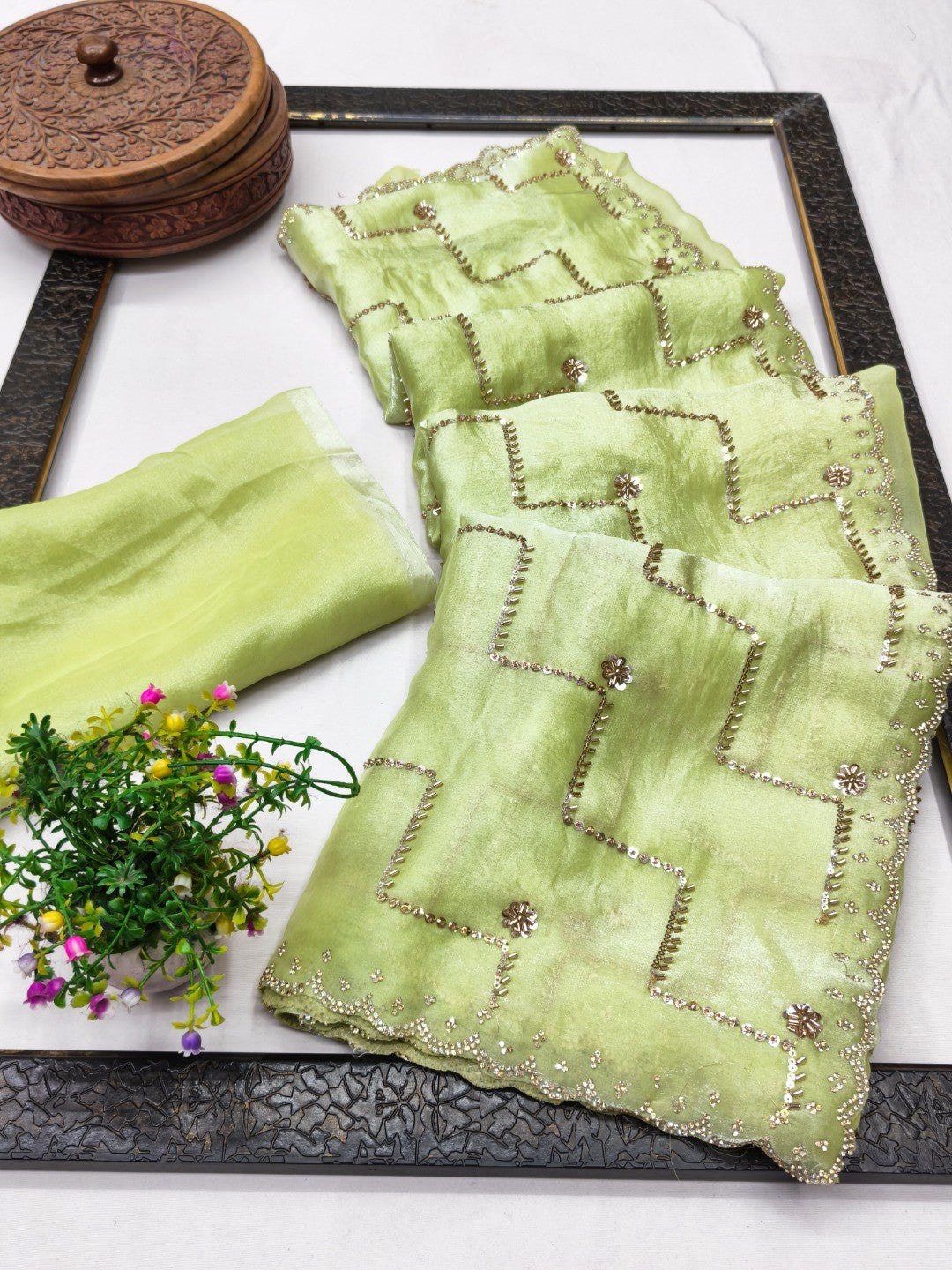 Graceful Green Sequins With Detailed Beads & Stone Work Organza Satin Silk Saree - Image 3