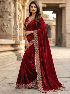 Graceful Maroon Silk Blend Saree Accented With Swarovski Stone Work & Delicate Lace Border - Image 1