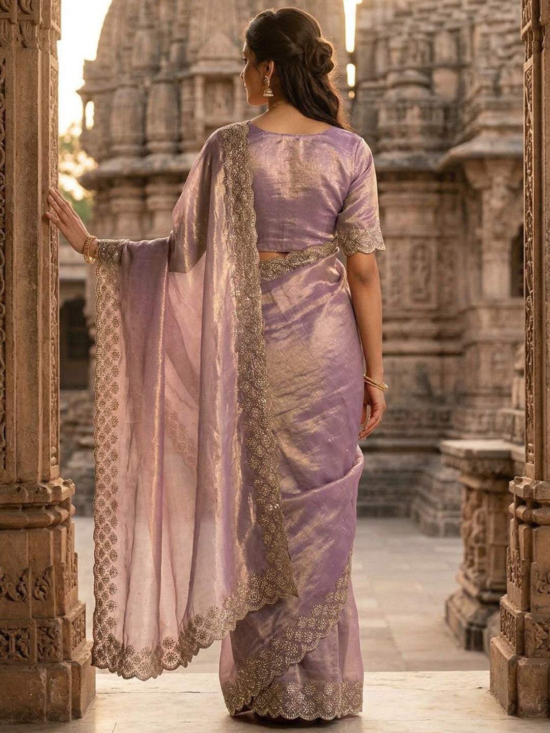 Graceful Mauve Silk Blend Saree Accented With Swarovski Stone Work & Delicate Lace Border - Image 2