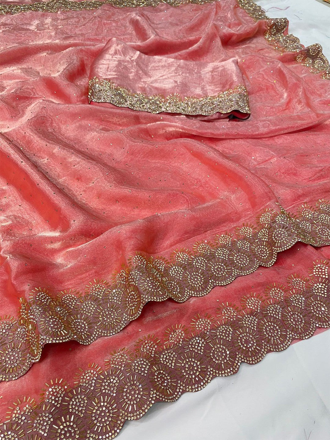Graceful Peach Silk Blend Saree Accented With Swarovski Stone Work & Delicate Lace Border - Image 2
