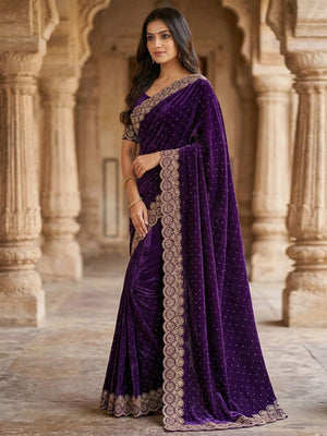 Graceful Purple Silk Blend Saree Accented With Swarovski Stone Work & Delicate Lace Border - Image 1