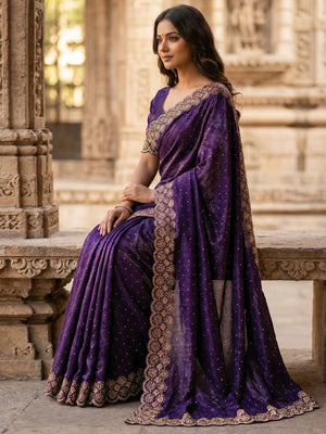 Graceful Purple Silk Blend Saree Accented With Swarovski Stone Work & Delicate Lace Border - Image 2