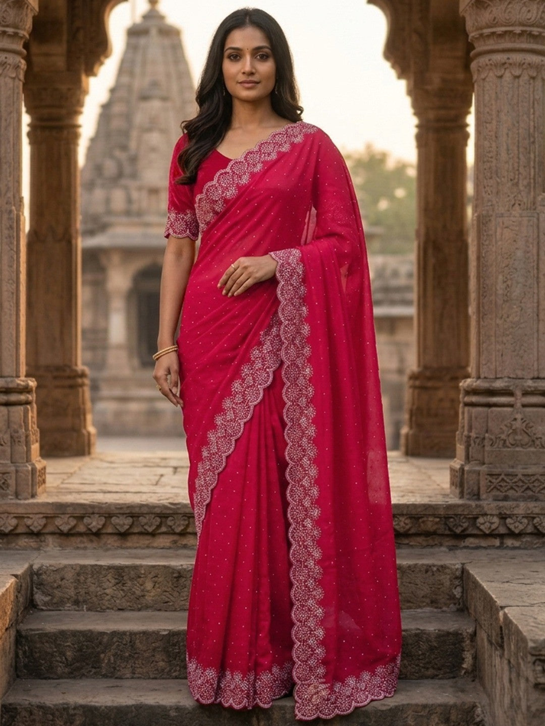 Graceful Rani Pink Silk Blend Saree Accented With Swarovski Stone Work & Delicate Lace Border - Image 1