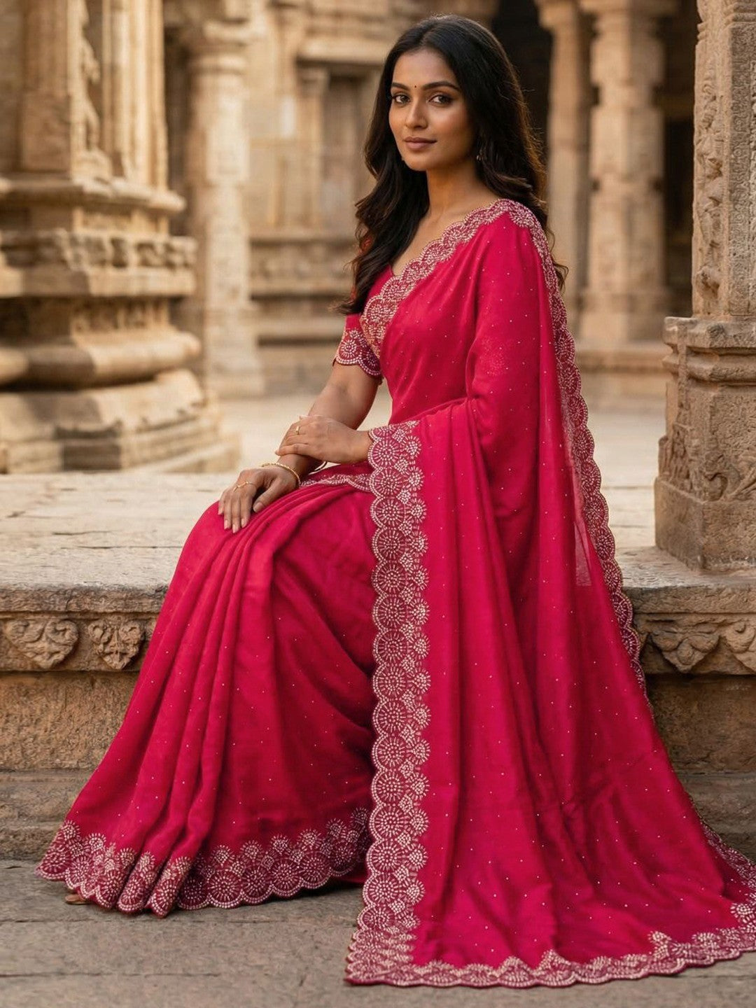 Graceful Rani Pink Silk Blend Saree Accented With Swarovski Stone Work & Delicate Lace Border - Image 3