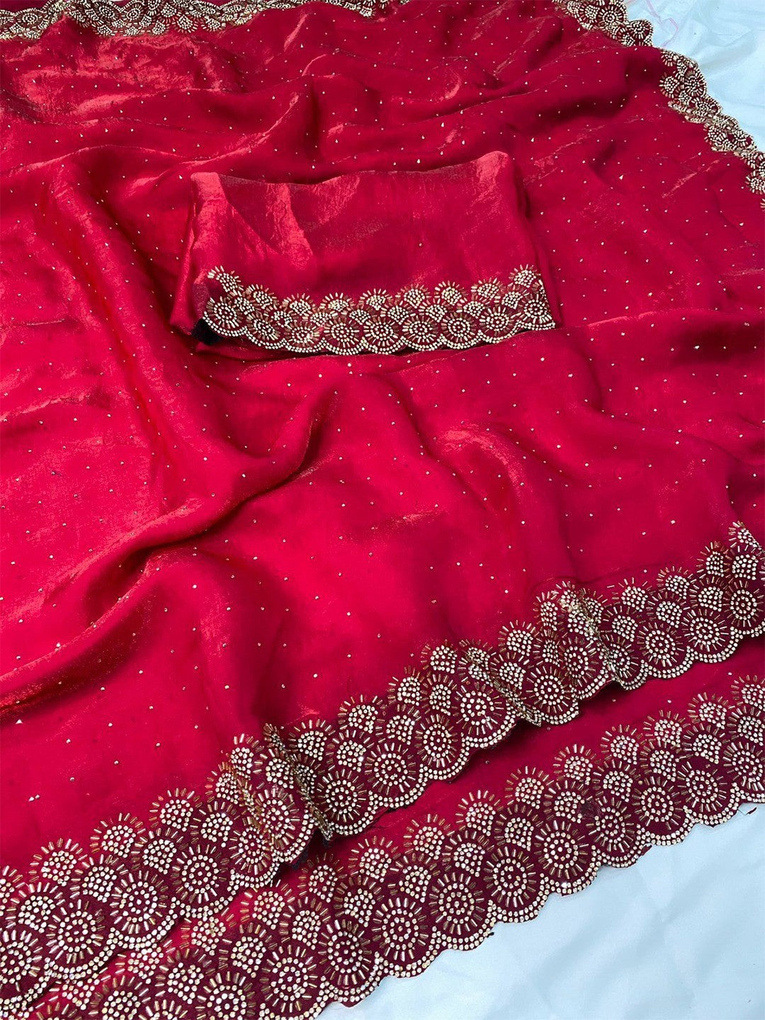 Graceful Rani Pink Silk Blend Saree Accented With Swarovski Stone Work & Delicate Lace Border - Image 2