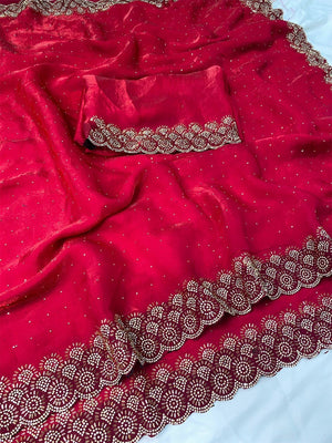 Graceful Rani Pink Silk Blend Saree Accented With Swarovski Stone Work & Delicate Lace Border - Image 2