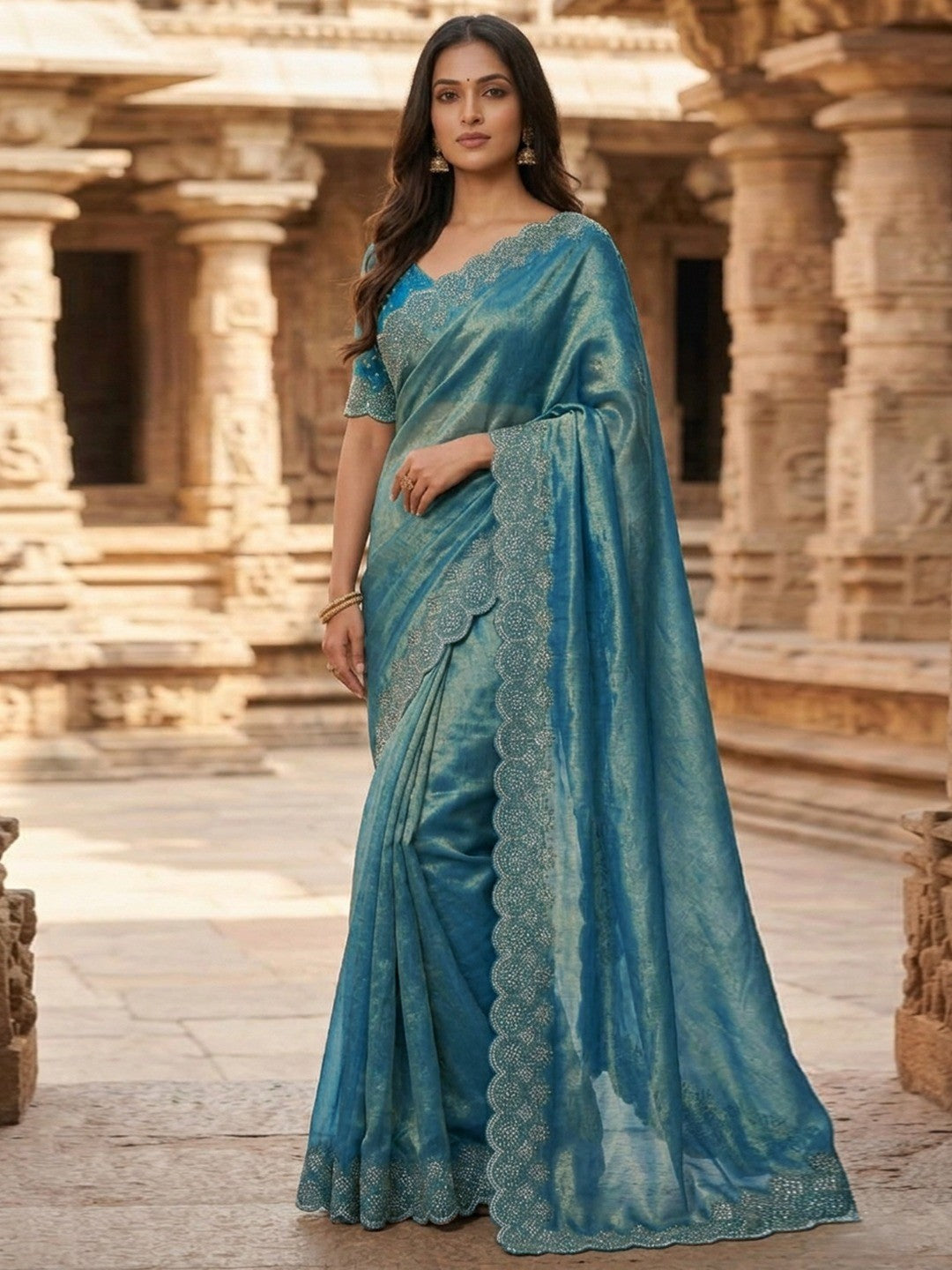 Graceful Teal Silk Blend Saree Accented With Swarovski Stone Work & Delicate Lace Border - Image 1