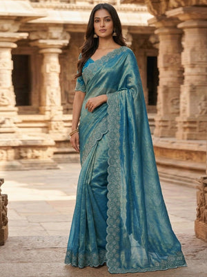 Graceful Teal Silk Blend Saree Accented With Swarovski Stone Work & Delicate Lace Border - Image 1