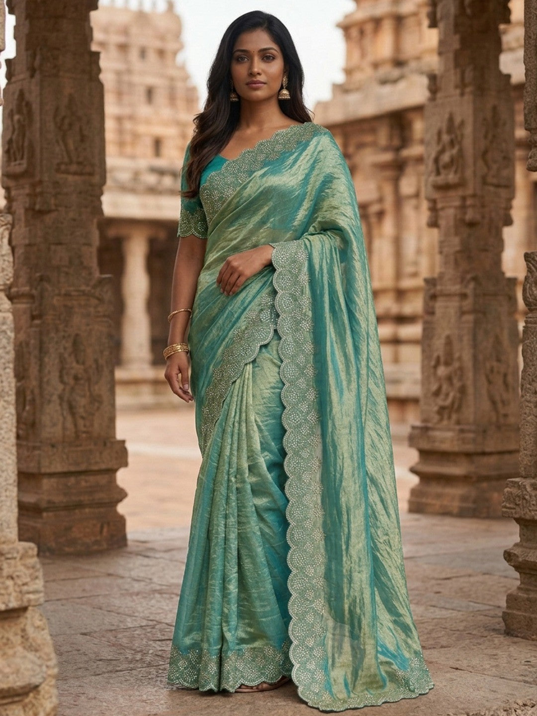 Graceful Turquoise Silk Blend Saree Accented With Swarovski Stone Work & Delicate Lace Border - Image 1