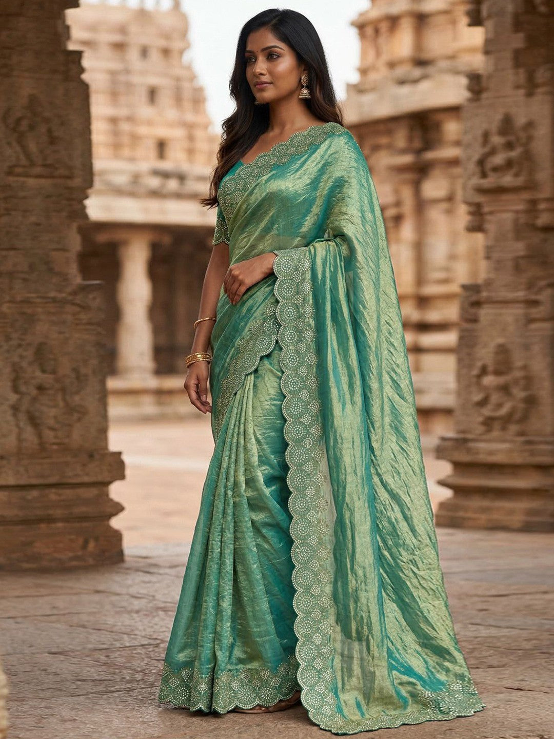 Graceful Turquoise Silk Blend Saree Accented With Swarovski Stone Work & Delicate Lace Border - Image 2