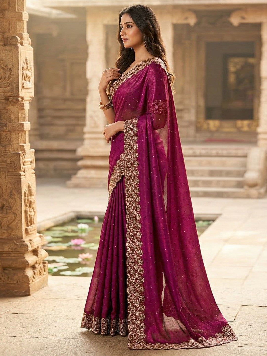 Graceful Wine Silk Blend Saree Accented With Swarovski Stone Work & Delicate Lace Border - Image 4