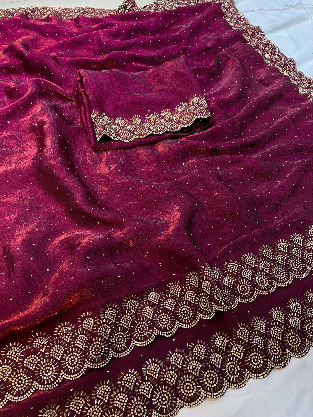 Graceful Wine Silk Blend Saree Accented With Swarovski Stone Work & Delicate Lace Border - Image 3