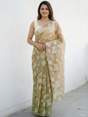 Premium Beige Silk Blend Saree Embellished With Floral & Animal Motif Thread Work - Image 1