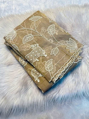 Premium Beige Silk Blend Saree Embellished With Floral & Animal Motif Thread Work - Image 2