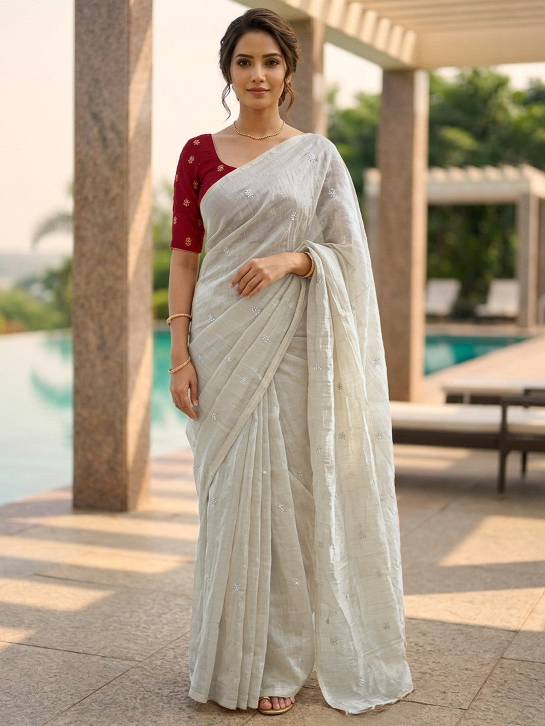 Elegant Cream Organza Satin Silk Saree Featuring Floral Butti Sequins Embroidery & Tassel Pallu - Image 1