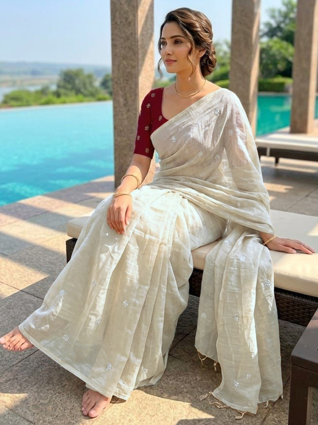 Elegant Cream Organza Satin Silk Saree Featuring Floral Butti Sequins Embroidery & Tassel Pallu - Image 5