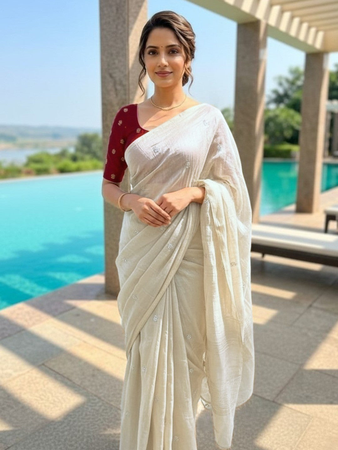 Elegant Cream Organza Satin Silk Saree Featuring Floral Butti Sequins Embroidery & Tassel Pallu - Image 3