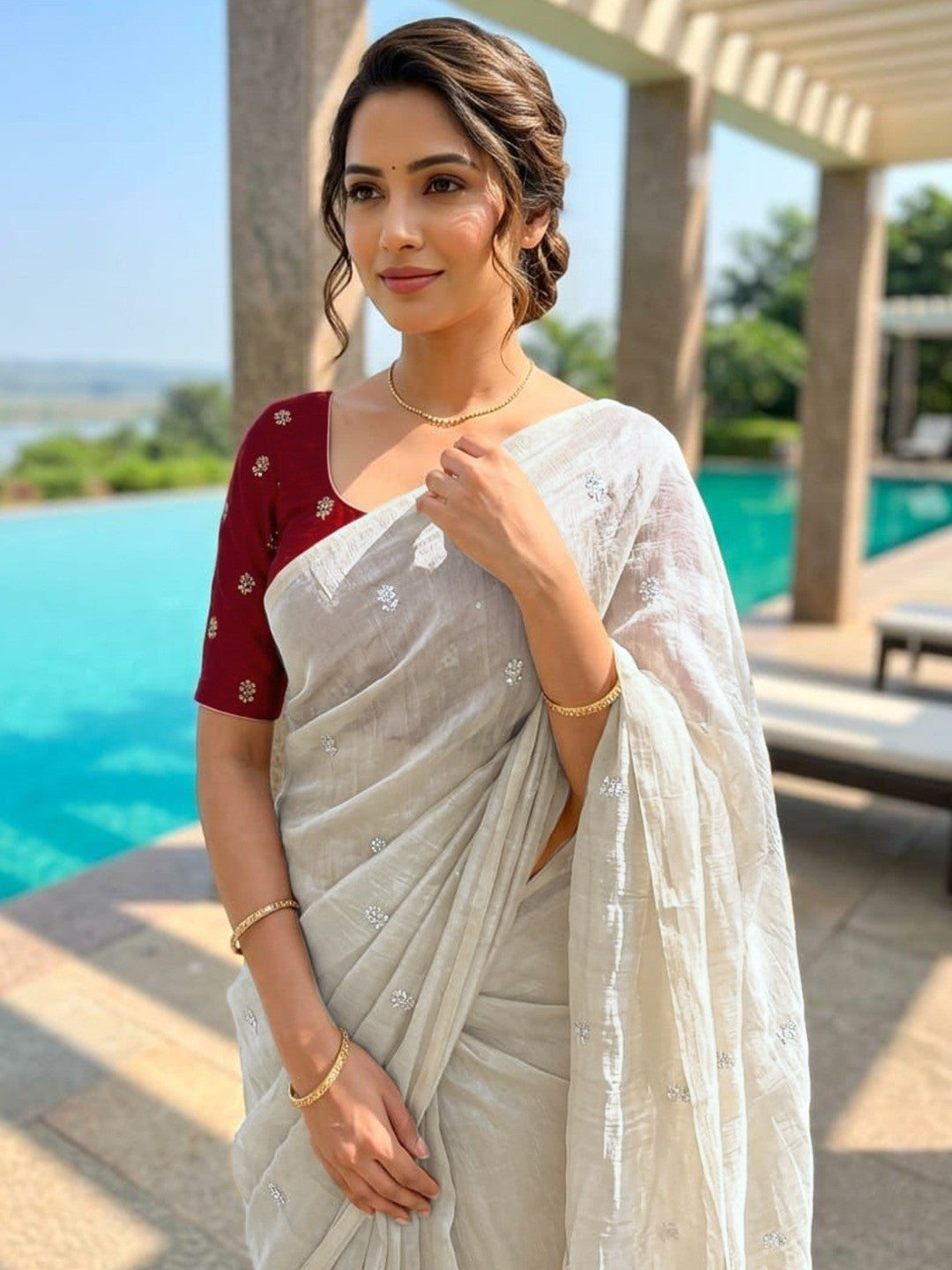 Elegant Cream Organza Satin Silk Saree Featuring Floral Butti Sequins Embroidery & Tassel Pallu - Image 2