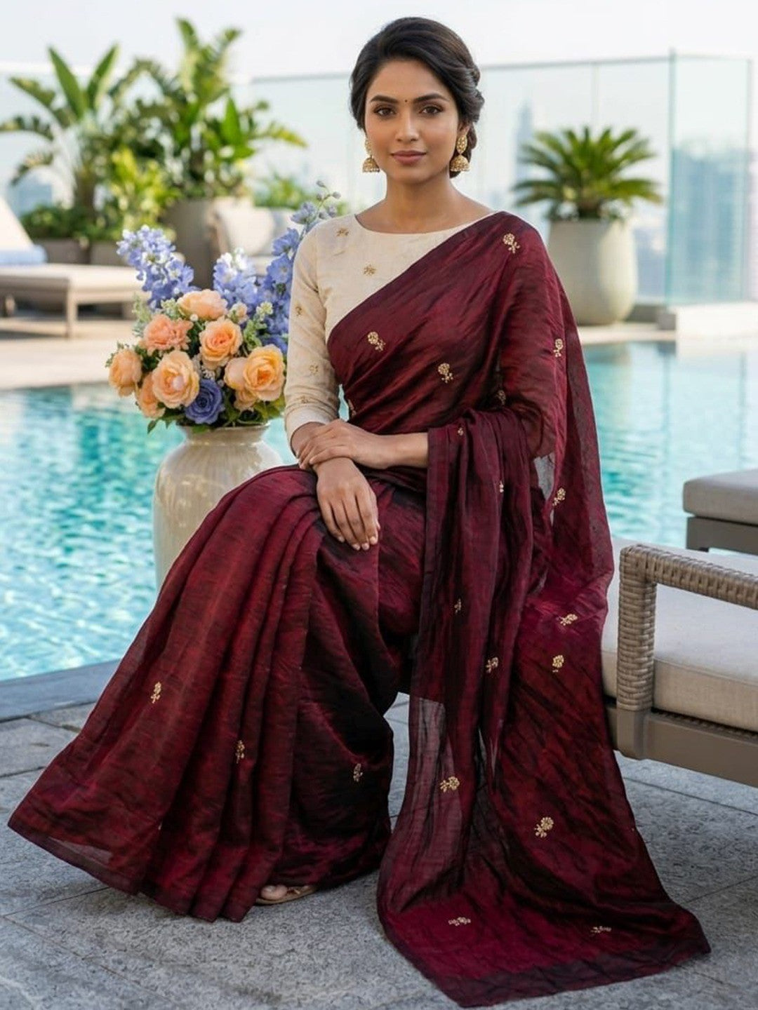 Elegant Maroon Organza Satin Silk Saree Featuring Floral Butti Sequins Embroidery & Tassel Pallu - Image 4
