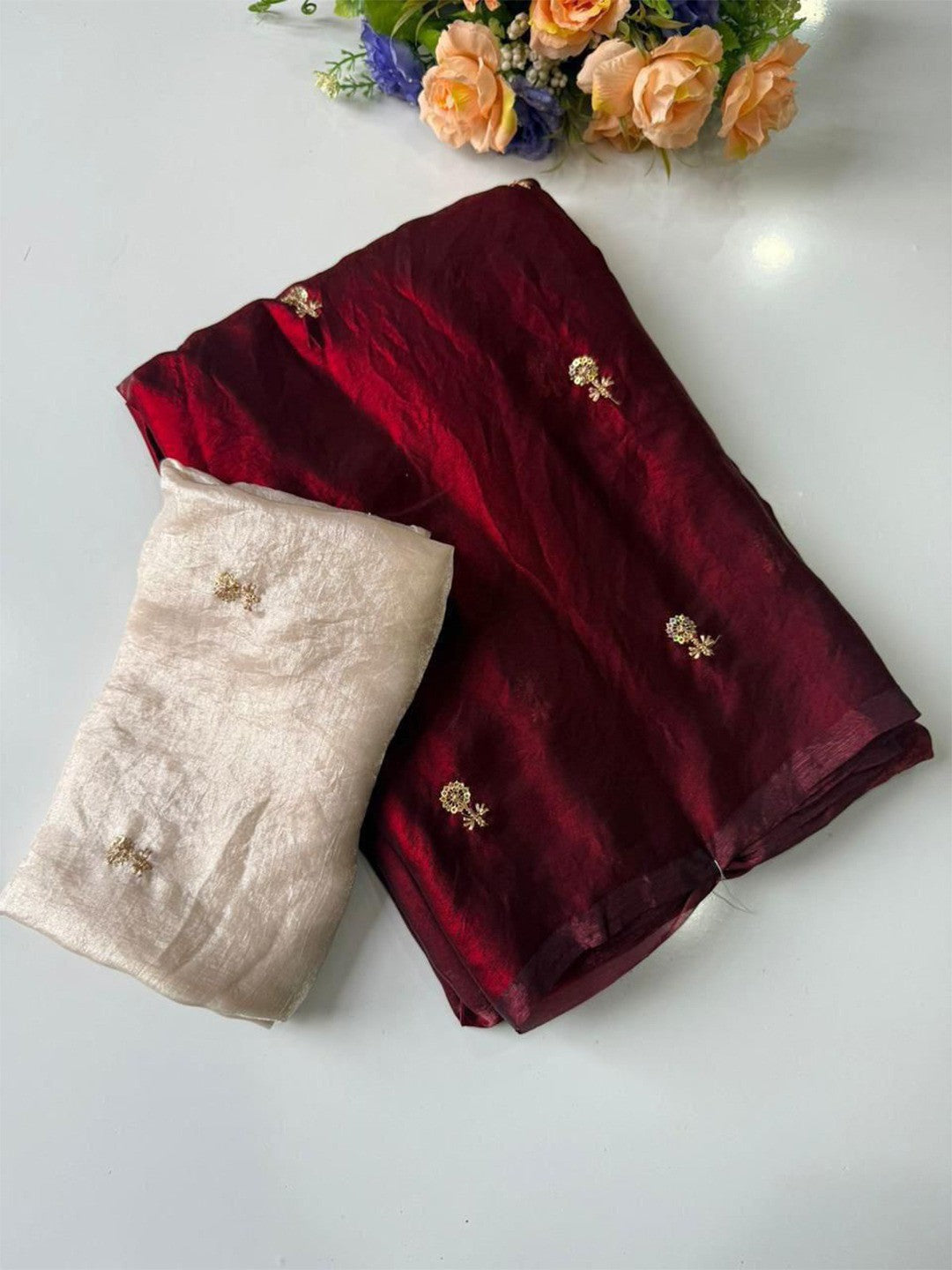 Elegant Maroon Organza Satin Silk Saree Featuring Floral Butti Sequins Embroidery & Tassel Pallu - Image 3