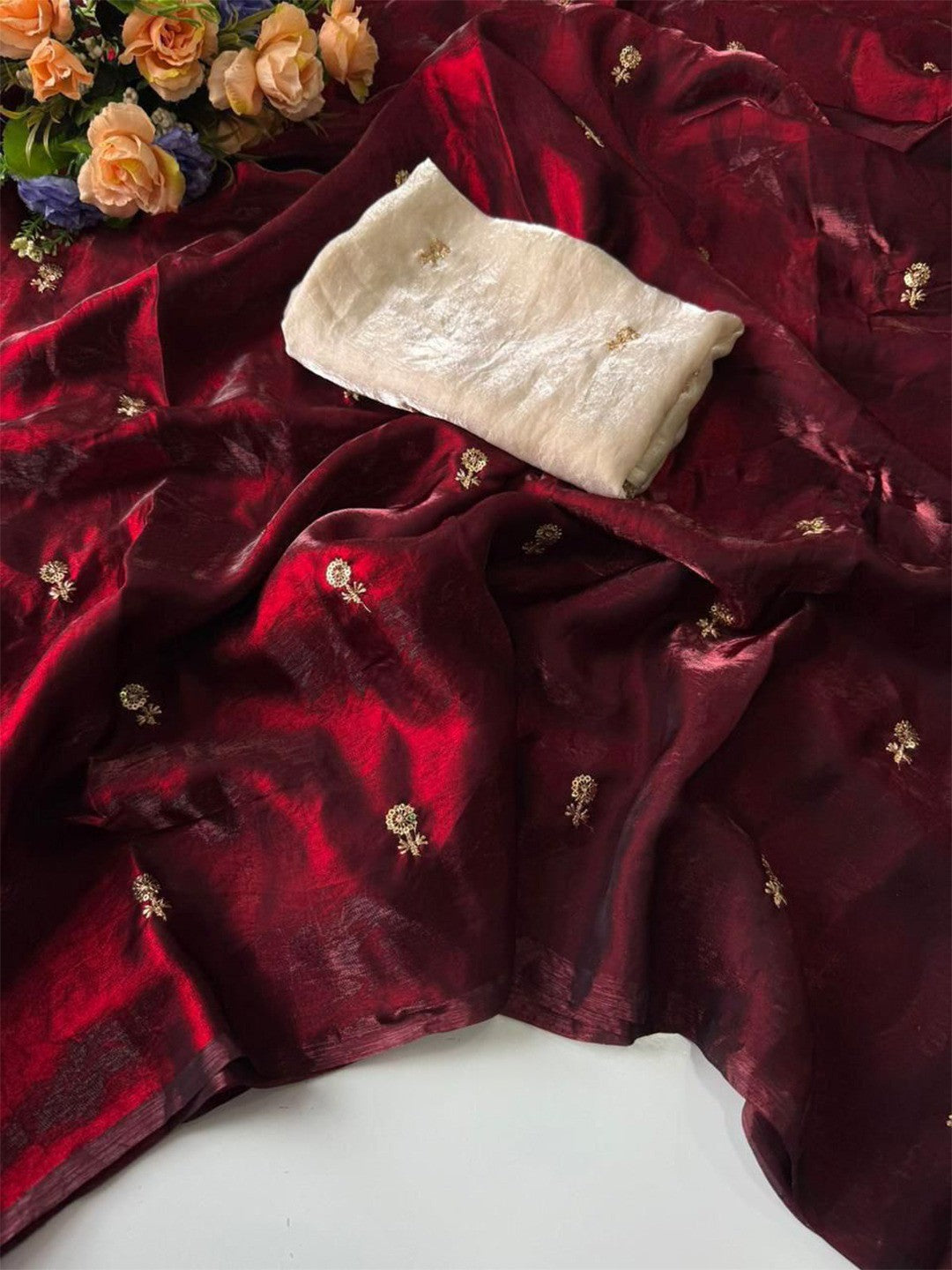 Elegant Maroon Organza Satin Silk Saree Featuring Floral Butti Sequins Embroidery & Tassel Pallu - Image 2
