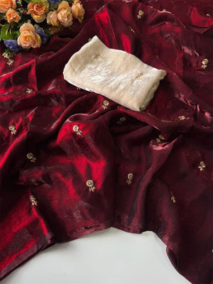 Elegant Maroon Organza Satin Silk Saree Featuring Floral Butti Sequins Embroidery & Tassel Pallu - Image 2