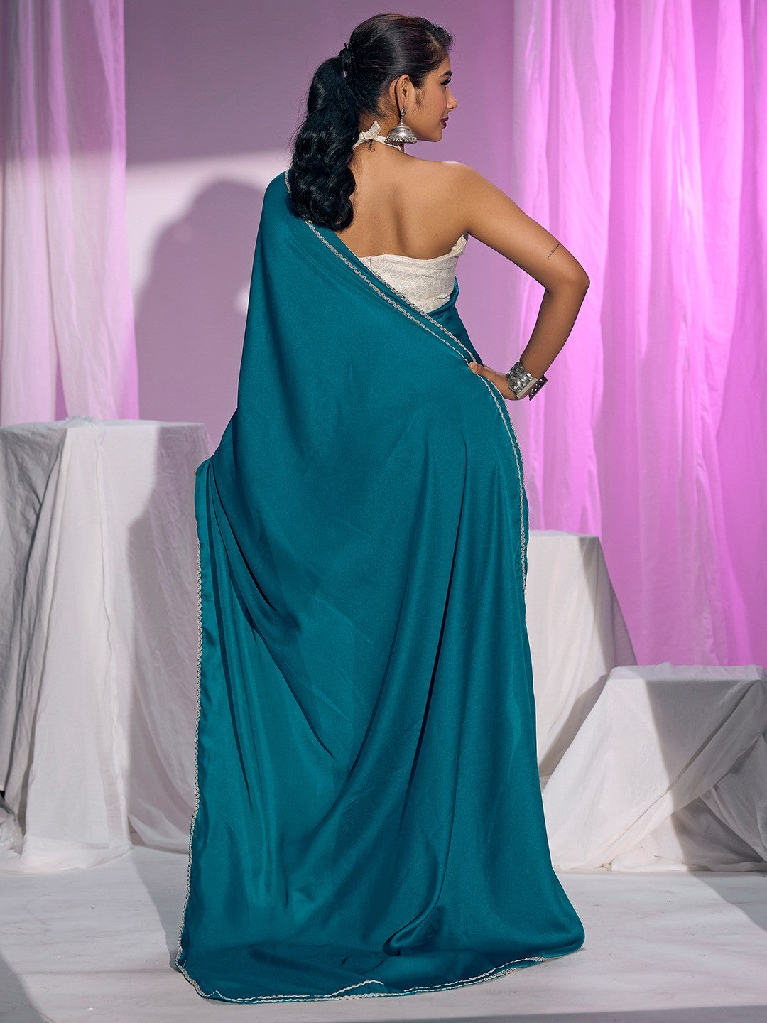 Classic Teal Solid Satin Silk Saree With Embroidered Lace Border Finish - Image 4