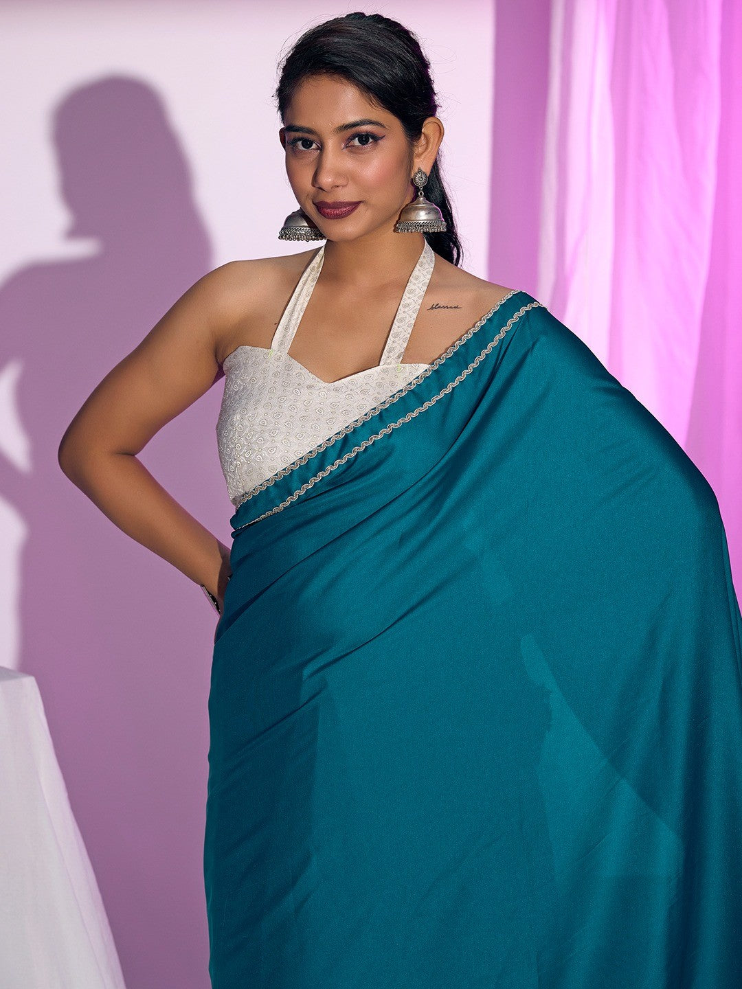 Classic Teal Solid Satin Silk Saree With Embroidered Lace Border Finish - Image 5