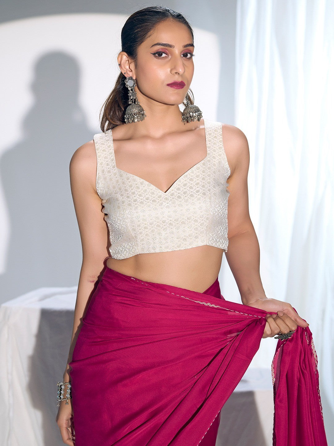 Classic Pink Solid Satin Silk Saree With Embroidered Lace Border Finish - Image 6