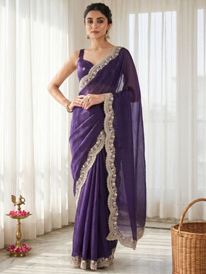 Elegant Purple Organza Satin Silk Saree With Fine Floral Zari & Thread Embroidered Border Work - Image 1