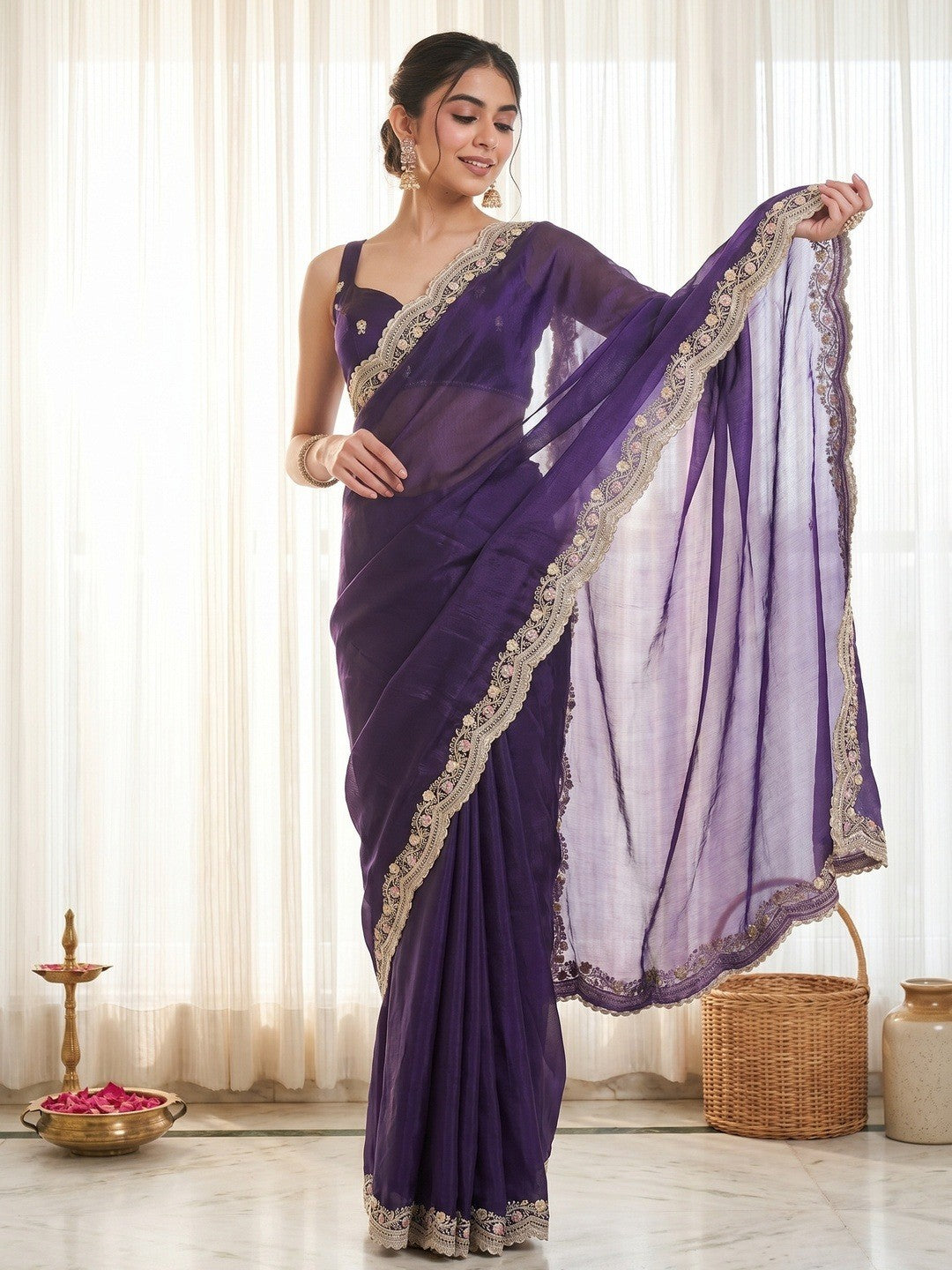Elegant Purple Organza Satin Silk Saree With Fine Floral Zari & Thread Embroidered Border Work - Image 5