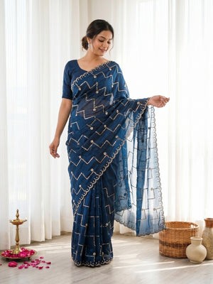 Graceful Blue Sequins With Detailed Beads & Stone Work Organza Satin Silk Saree - Image 1