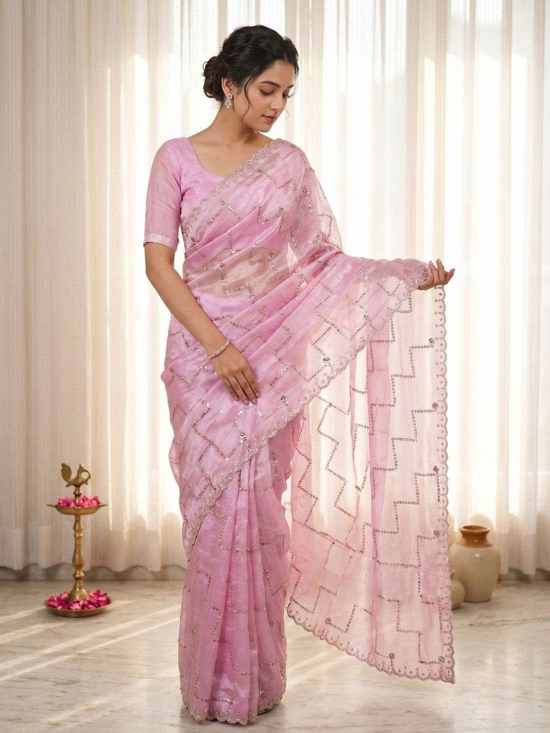 Graceful Pink Sequins With Detailed Beads & Stone Work Organza Satin Silk Saree - Image 1