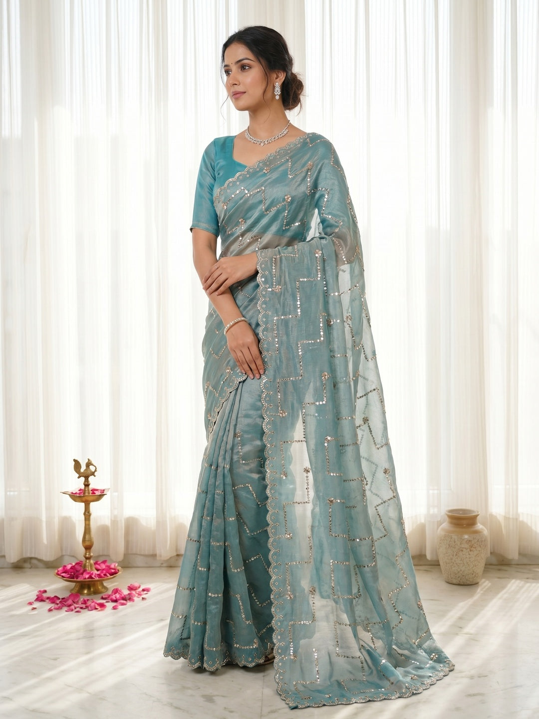 Graceful Turquoise Sequins With Detailed Beads & Stone Work Organza Satin Silk Saree - Image 1