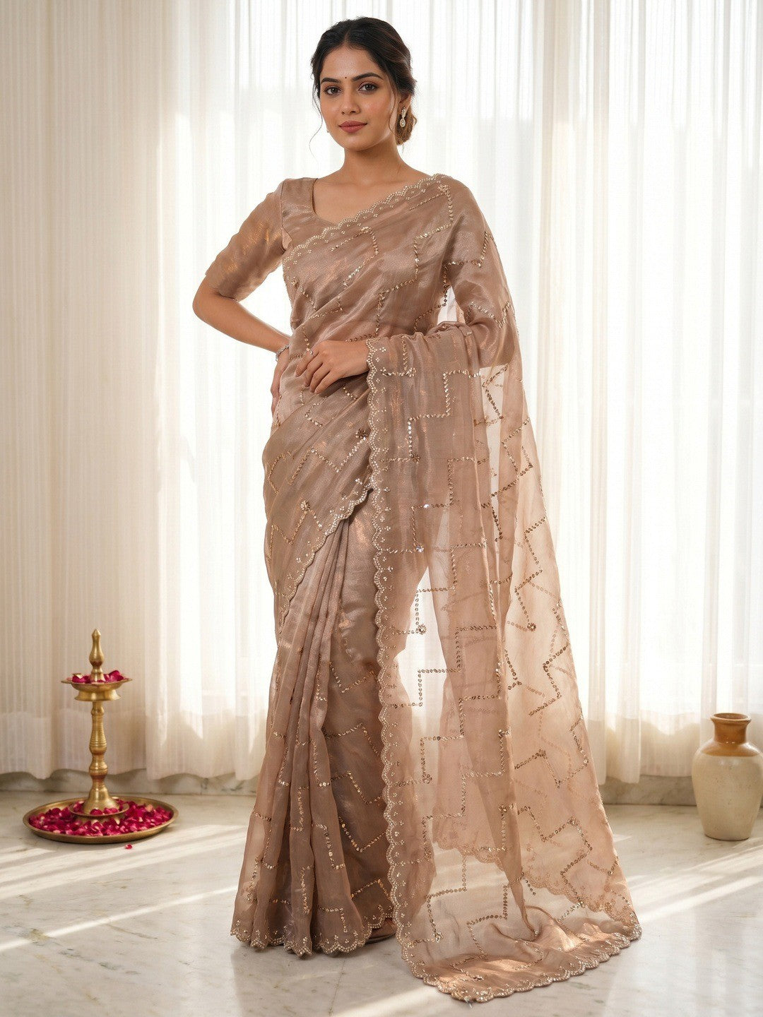 Graceful Chikoo Sequins With Detailed Beads & Stone Work Organza Satin Silk Saree - Image 1