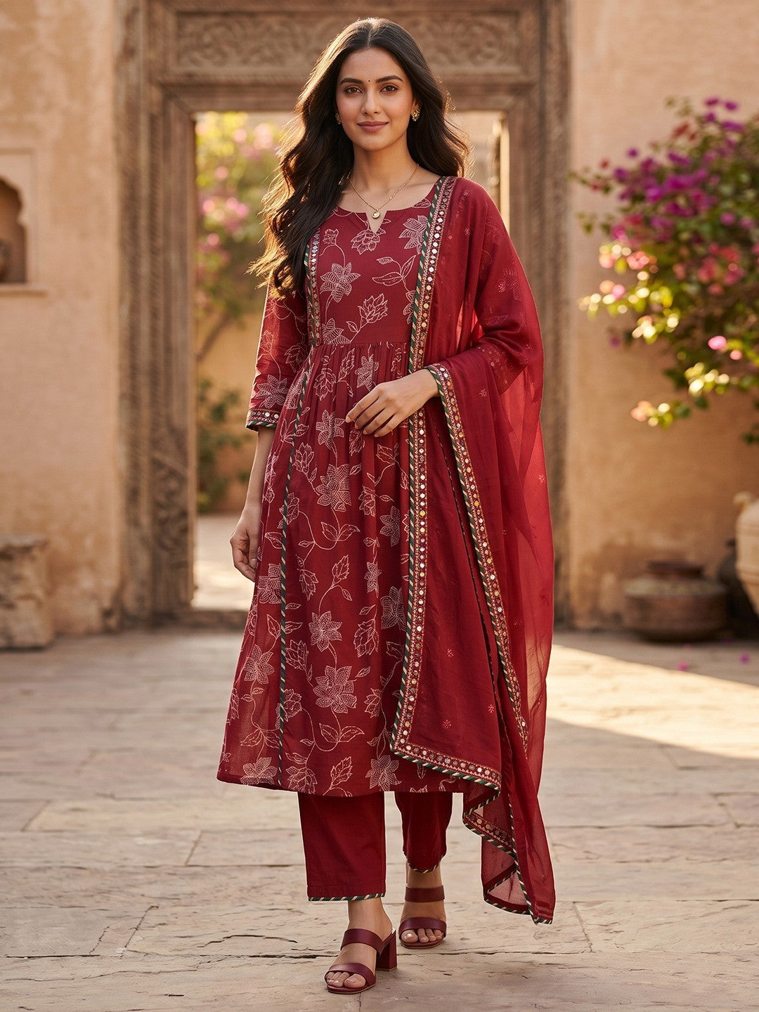 Elegant Red Floral Printed Viscose Salwar Suit Set for Women - Image 1