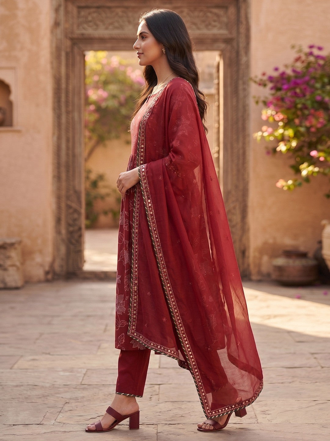 Elegant Red Floral Printed Viscose Salwar Suit Set for Women - Image 3