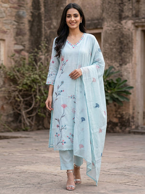 Pastel Blue Mul Cotton Salwar Suit Set with Elegant Thread Work - Image 1