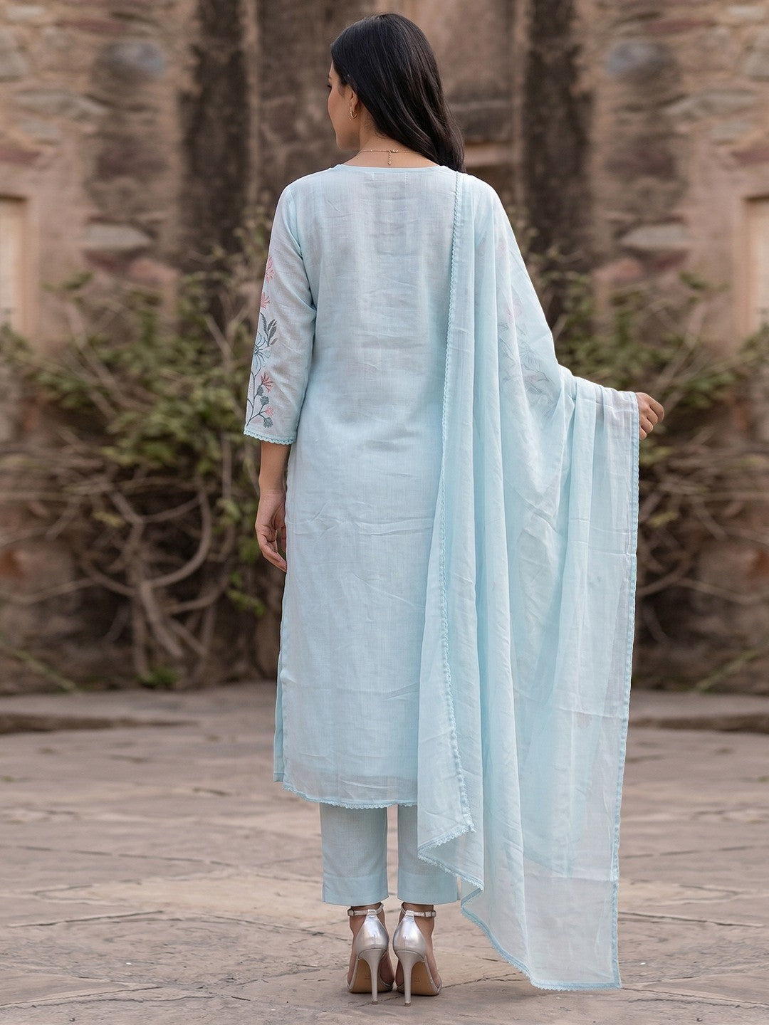Pastel Blue Mul Cotton Salwar Suit Set with Elegant Thread Work - Image 2
