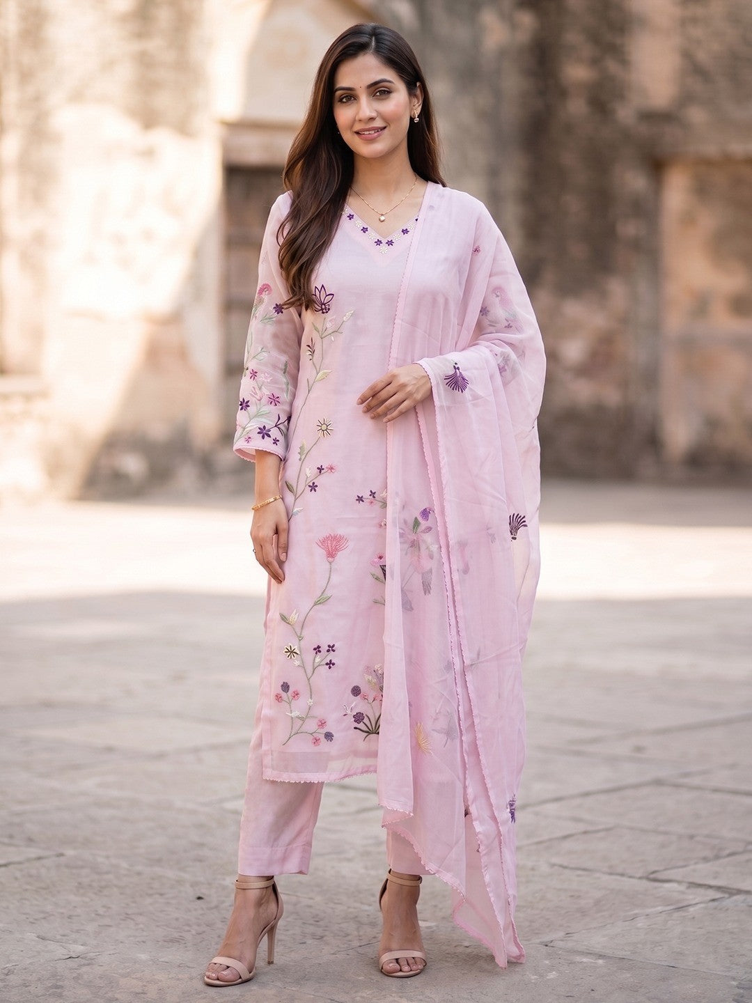 Blush Pink Mul Cotton Salwar Suit Set with Elegant Thread Work - Image 1