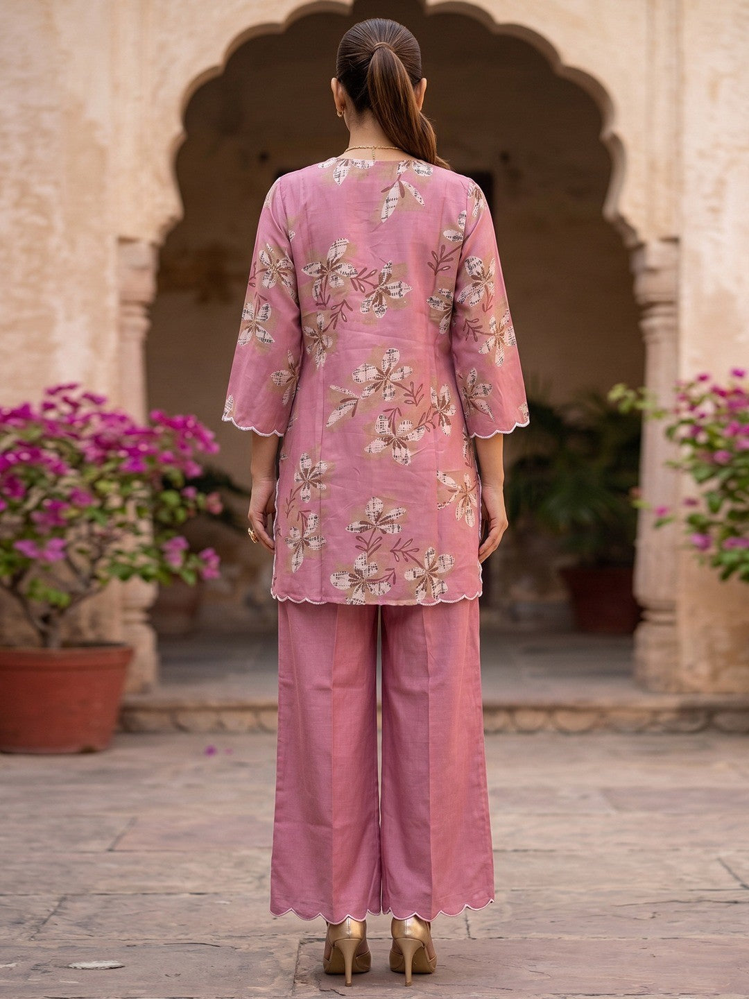 Pink Floral Printed Viscose Top Palazzo Set for Women - Image 4