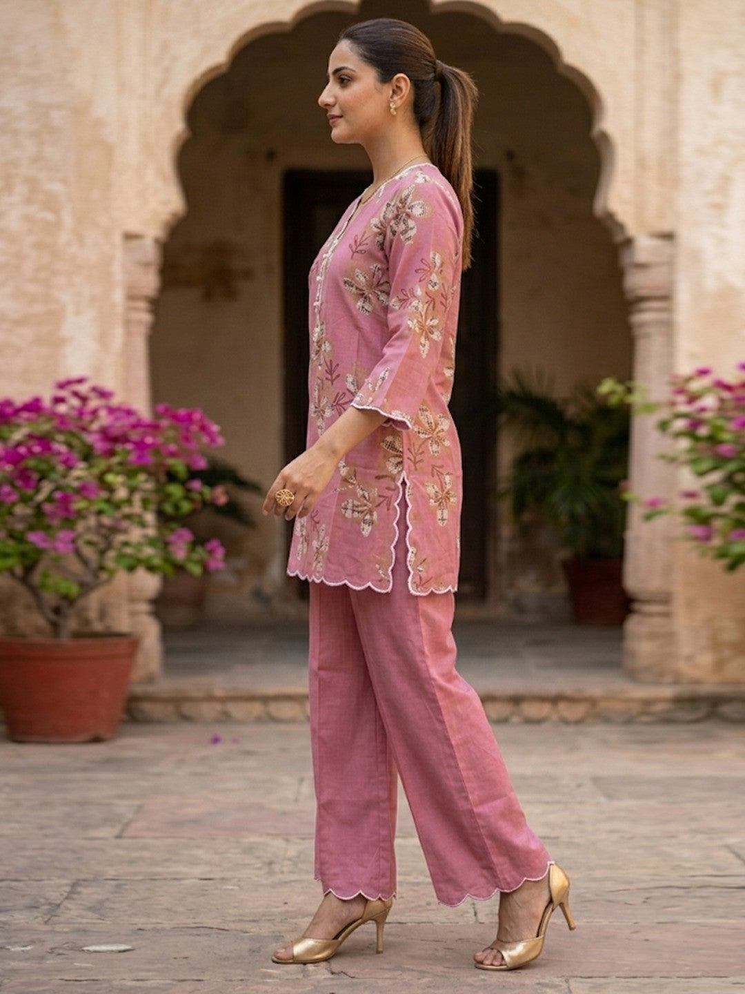 Pink Floral Printed Viscose Top Palazzo Set for Women - Image 3