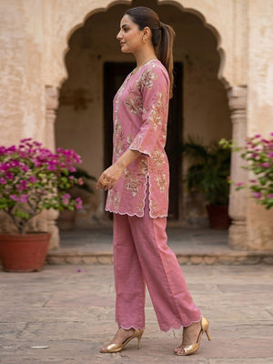 Pink Floral Printed Viscose Top Palazzo Set for Women - Image 2