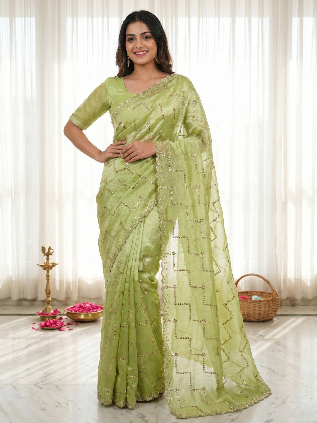 Graceful Green Sequins With Detailed Beads & Stone Work Organza Satin Silk Saree - Image 1